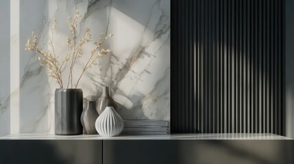 A modern interior display featuring vases and decorative elements against a marble backdrop.