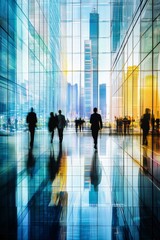 Blurred background capturing the dynamic vibe of a modern workplace including blurred motion of people moving through the office
