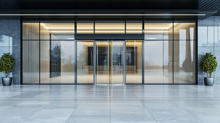 Aesthetic home entrance with large glass sliding doors with lots of copy space