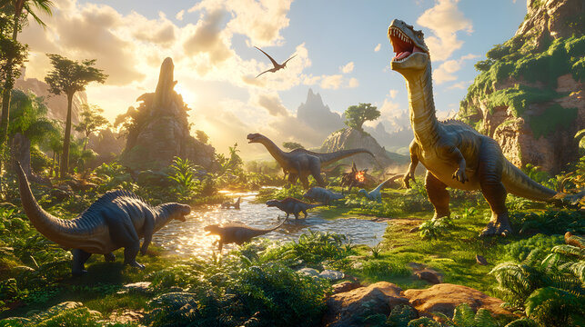A Lush Prehistoric Landscape Filled with Diverse Dinosaurs Roaming Freely Beneath a Bright Blue Sky