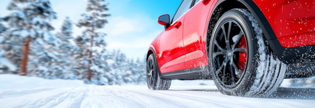 The drive of a car on a snowy road, surrounded by a forest of snow reveals tire tracks and picturesque winter scenes