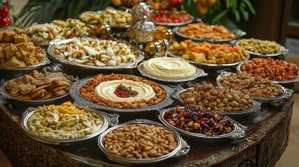 Arabic traditional cuisine, Middle Eastern colorful hummus, pita, falafel, dolma, baklava, halva, rahat lokum, sherbet, nuts, dried fruits, Mediterranean assorted appetizers, abundance concept