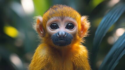Fototapeta premium A close-up portrait of a small monkey with large brown eyes looking directly at the camera.