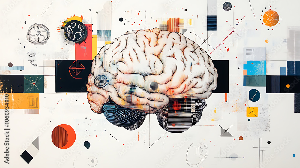 Poster a white background with a brain and geometric images