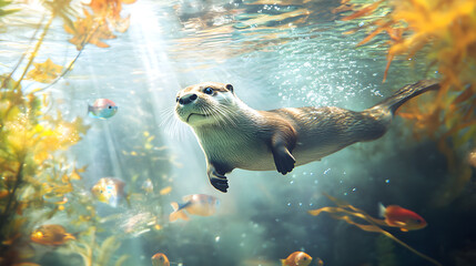 A Captivating Otter Swimming in a Clear Transparent Lagoon Surrounded by Vibrant Underwater Life