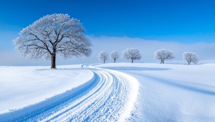Obraz premium Frost-covered trees and misty meadows decorate this winter wonderland