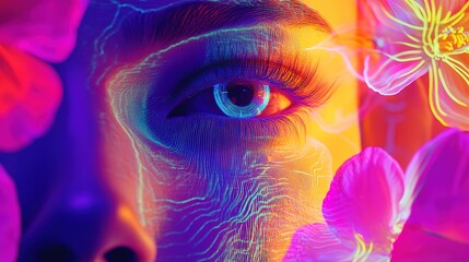 A futuristic flower child-inspired digital collage with vivid colors, a woman eye at the core, and swirling neon waves, merging technology with psychedelic surrealism