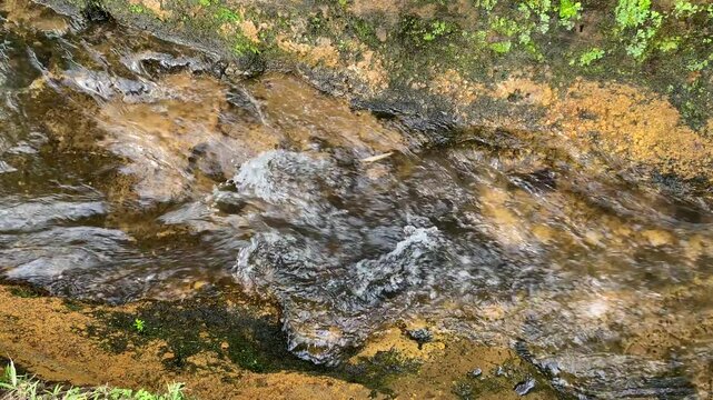 Close up view of river currents or water ripples. Clear fresh water flowing on the small ditch with green leaves plants, rocks and nature surrounding