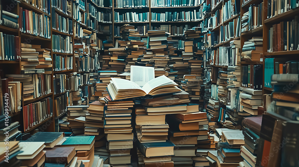 Aufkleber book in library with old open textbook, stack piles of literature text archive on reading desk, and 
