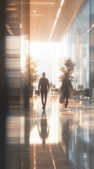 Blurred background capturing the dynamic vibe of a modern workplace including blurred motion of people moving through the office