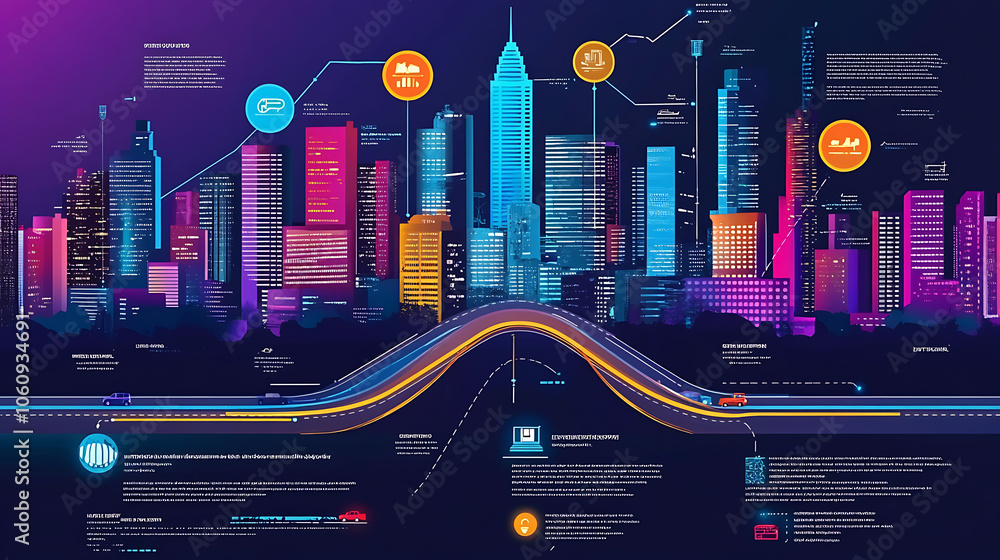 Poster Business road map timeline infographic city designed for abstract background template milestone element modern diagram process technology digital marketing data presentation chart Vector illustration