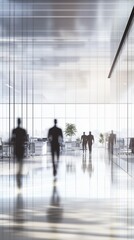 Blurred background capturing the dynamic vibe of a modern workplace including blurred motion of people moving through the office