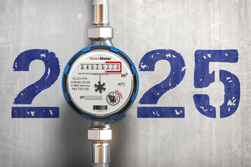 Water meter with 2025 on a wall. Pricing for utilities in the new year 2025 concept.