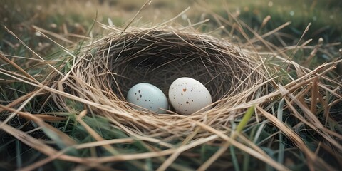 A speckled egg resting in a tightly woven nest of dried grass and small stones, placed on the ground of a serene meadow create with ai