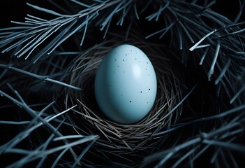 A pale blue egg surrounded by a nest of pine needles and small branches, isolated on a stark black background, with the egg's surface reflecting light subtly create with ai