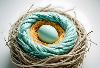 A pale green egg surrounded by a cozy nest made of colorful yarn, creating a contrast against the white background create with ai