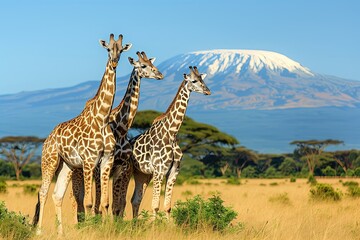Fototapeta premium Three giraffe on Kilimanjaro mount background in National park of Kenya