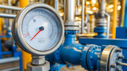 Closeup of industrial pressure gauge with red needle.