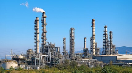 Obraz premium Industrial complex with tall chimneys emitting smoke against a clear blue sky.
