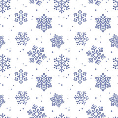 Seamless background of blue snowflakes, snowfall on white background. Winter holidays theme, Christmas and New Year texture. Elegant repeating design for decor, wrapping gift paper.