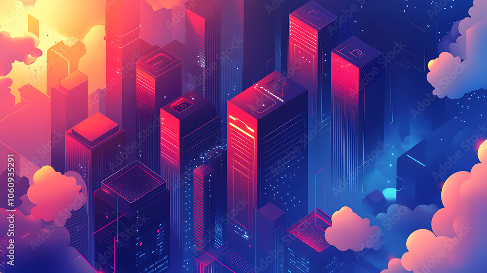 Poster Cloud storage for downloading an isometric, A digital service or application with data transmission, Network computing technologies, Futuristic Server, Digital space, Data storage, Vector illustration
