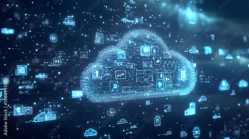 Aufkleber computer cloud with many digital icons in the background