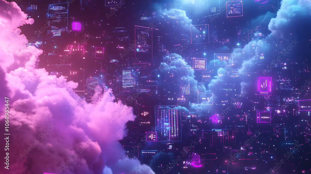 Poster computer cloud with many digital icons in the background