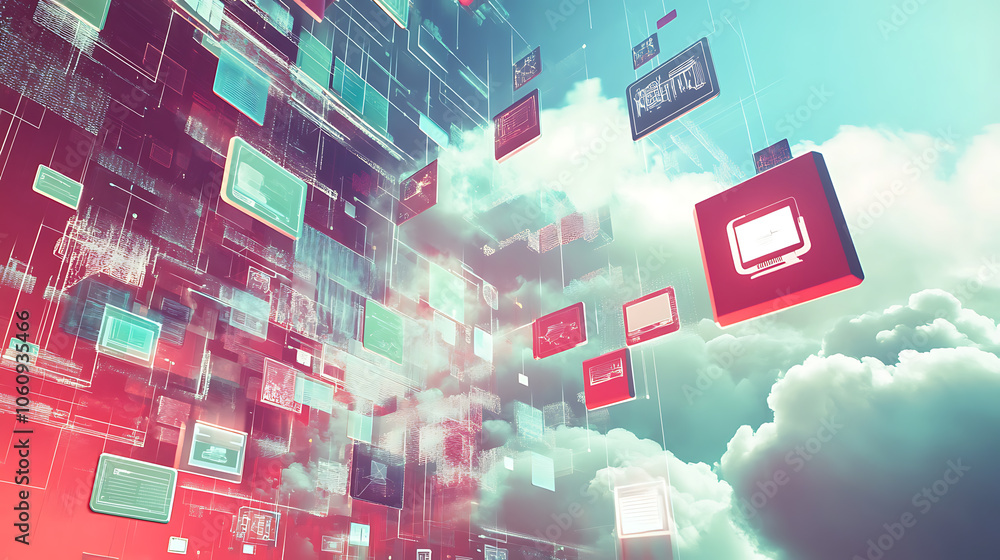 Poster computer cloud with many digital icons in the background
