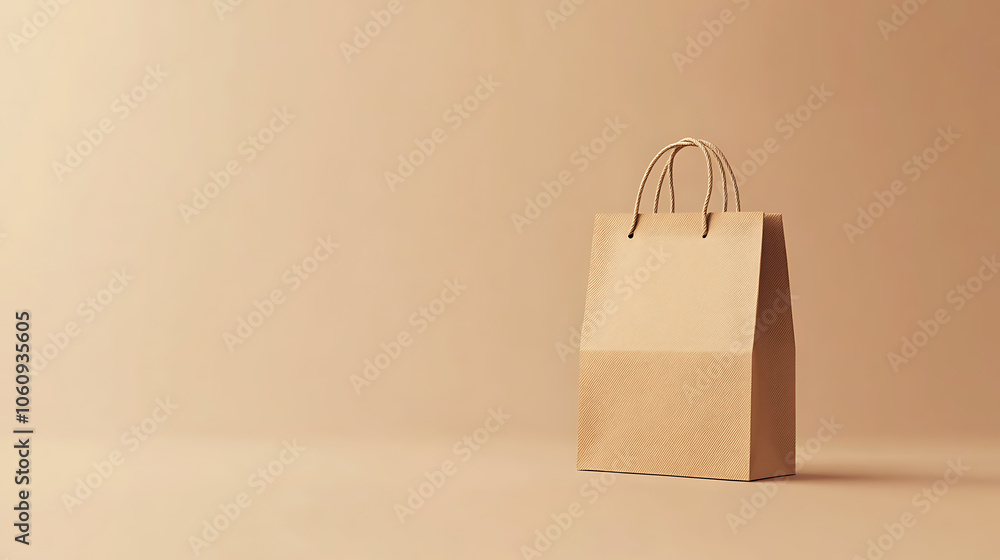 Poster craft brown paper bag and handle vector mockup, shopping package mock up to carry food front view ic