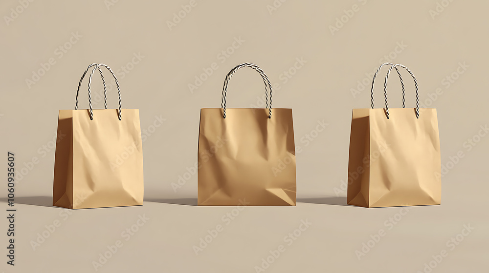Poster craft brown paper bag and handle vector mockup, shopping package mock up to carry food front view ic