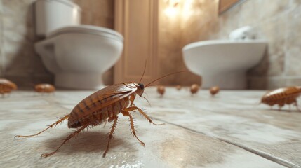 A brown cockroach is on the floor of a bathroom. There are several other cockroaches in the bathroom