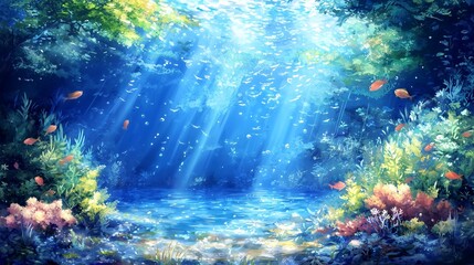 Fototapeta premium Sunbeams illuminate a vibrant underwater scene with coral and fish.