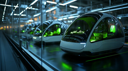 Futuristic vehicles illuminated in a sleek, modern factory.