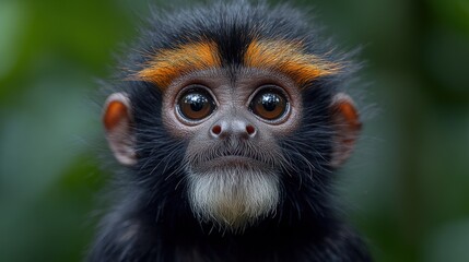 Obraz premium A close-up portrait of a small black monkey with an orange stripe on its head, looking directly at the camera.