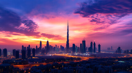 Fototapeta premium Dubai skyline in desert at sunset