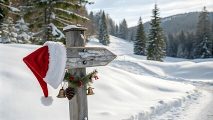 Close-up of a Santa hat hanging off a wooden direction sign, perfect for holiday scenes.