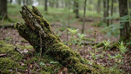 Peaceful woodland scene with moss covered tree root and small plants growing