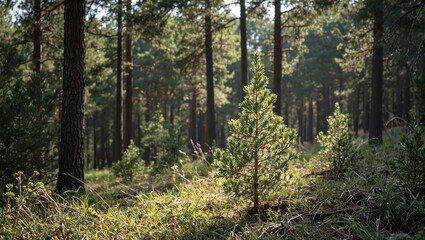 Baby pine tree in a sunlit forest clearing