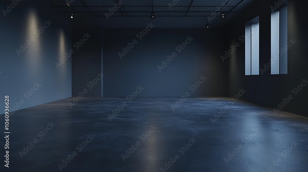 Poster empty dark blue studio background and grey floor concrete perspective with blue soft light well edit