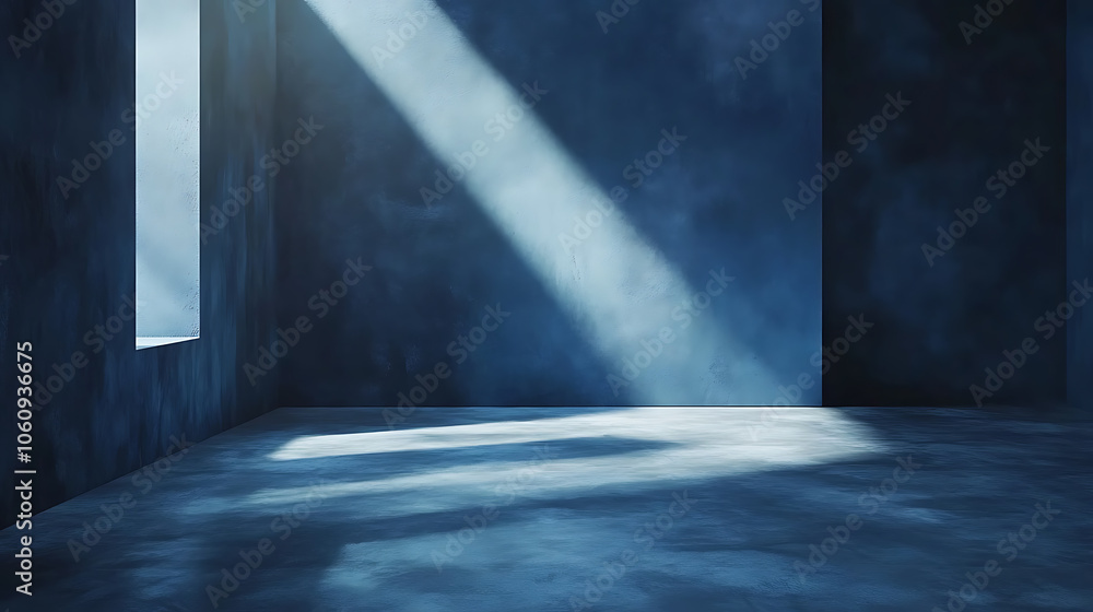 Poster empty dark blue studio background and grey floor concrete perspective with blue soft light well edit
