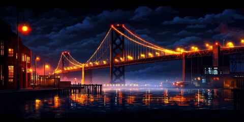 Obraz premium A lit suspension bridge spans a dark waterway at night.