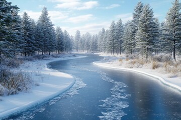 A frozen river winding through a forest, bordered by snow-covered pine trees and surrounded by a silent, frosty winter landscape.