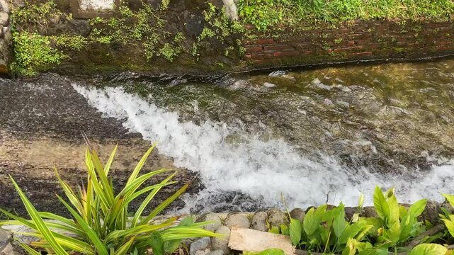 Close up view of river currents or water ripples. Clear fresh water flowing on the small ditch with green leaves plants, rocks and nature surrounding