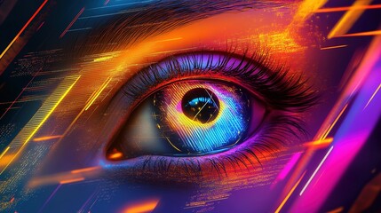 A futuristic 3D design of a woman's eye with vivid neon colors and intricate geometric shapes, blending modern technology with hallucinogenic pop art style