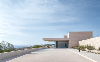 Naklejka premium Modern coastal residence with expansive views in a serene seaside location at midday