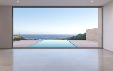 Modern interior with a stunning ocean view and minimalist swimming pool at sunset