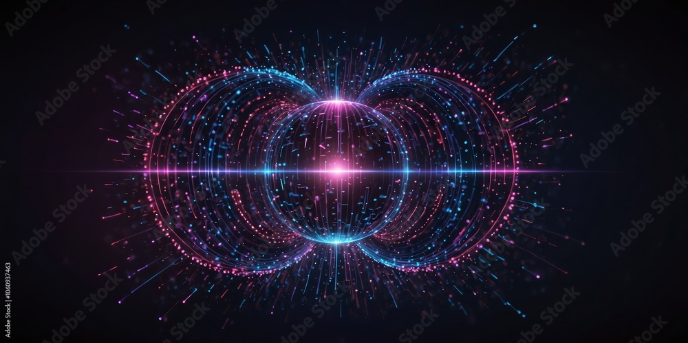Poster big data neon background. technology ai round particles dots banner. artificial intelligence futuris