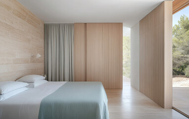 Modern minimalist bedroom design with natural light and earthy tones in a serene setting
