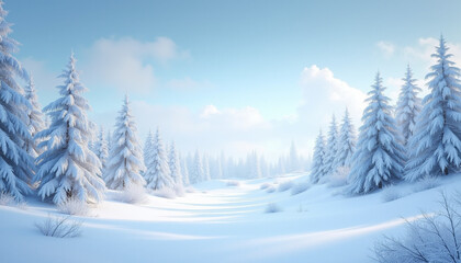 A calm winter landscape with white pines completely covered with snow, under a clear blue sky, a peaceful scene