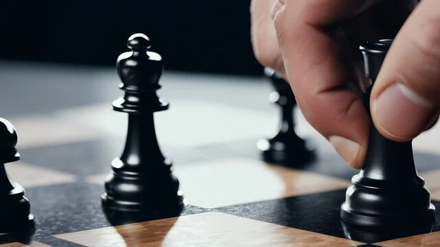 Hand moving chess piece on a chessboard during a game. Strategy and competition concept.